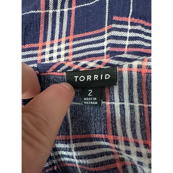 Torrid Blue Pink Plaid Short Sleeve V-Neck Button Back Blouse Shirt Size 2X - Picture 6 of 8